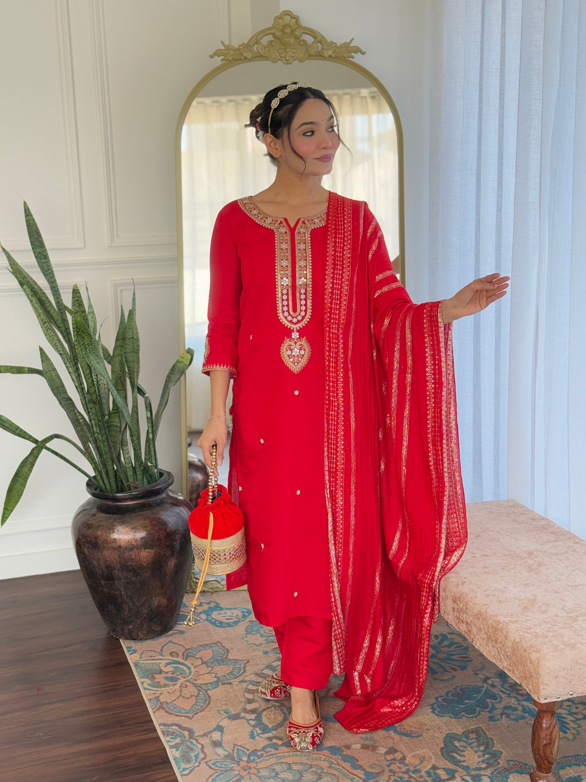 Red Viscose Chanderi Embroidered Kurta Pant Dupatta Set