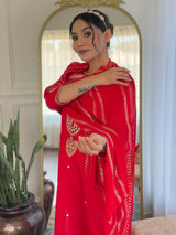 Red Viscose Chanderi Embroidered Kurta Pant Dupatta Set