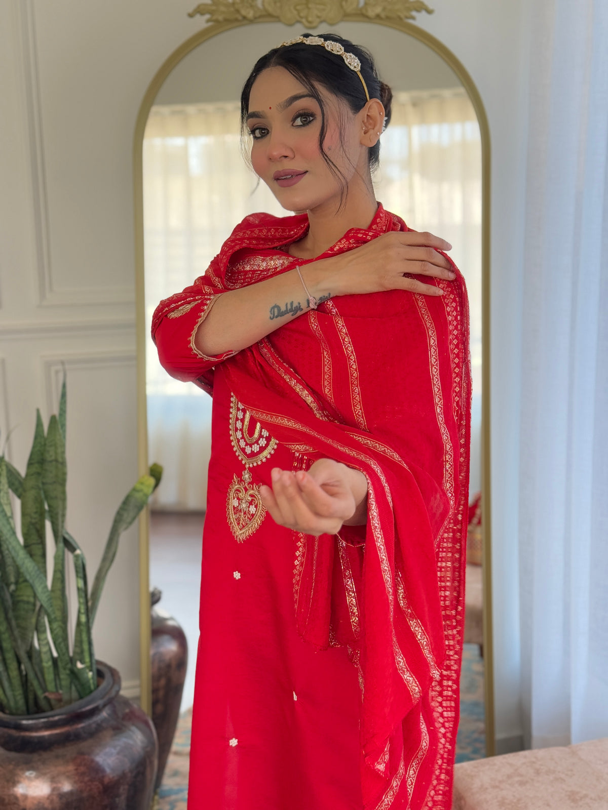 Red Viscose Chanderi Embroidered Kurta Pant Dupatta Set
