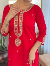 Red Viscose Chanderi Embroidered Kurta Pant Dupatta Set