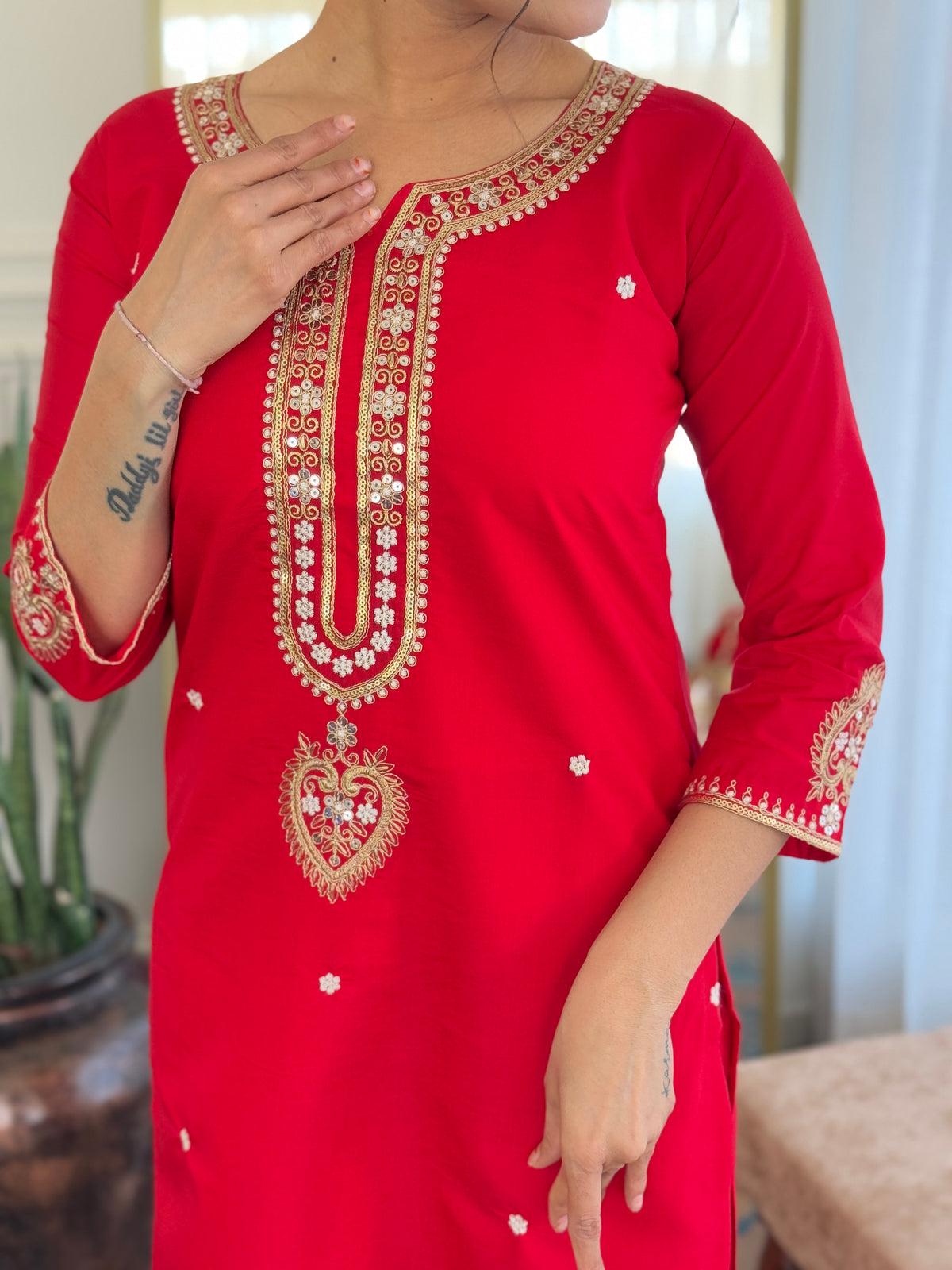 Red Viscose Chanderi Embroidered Kurta Pant Dupatta Set