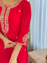 Red Viscose Chanderi Embroidered Kurta Pant Dupatta Set