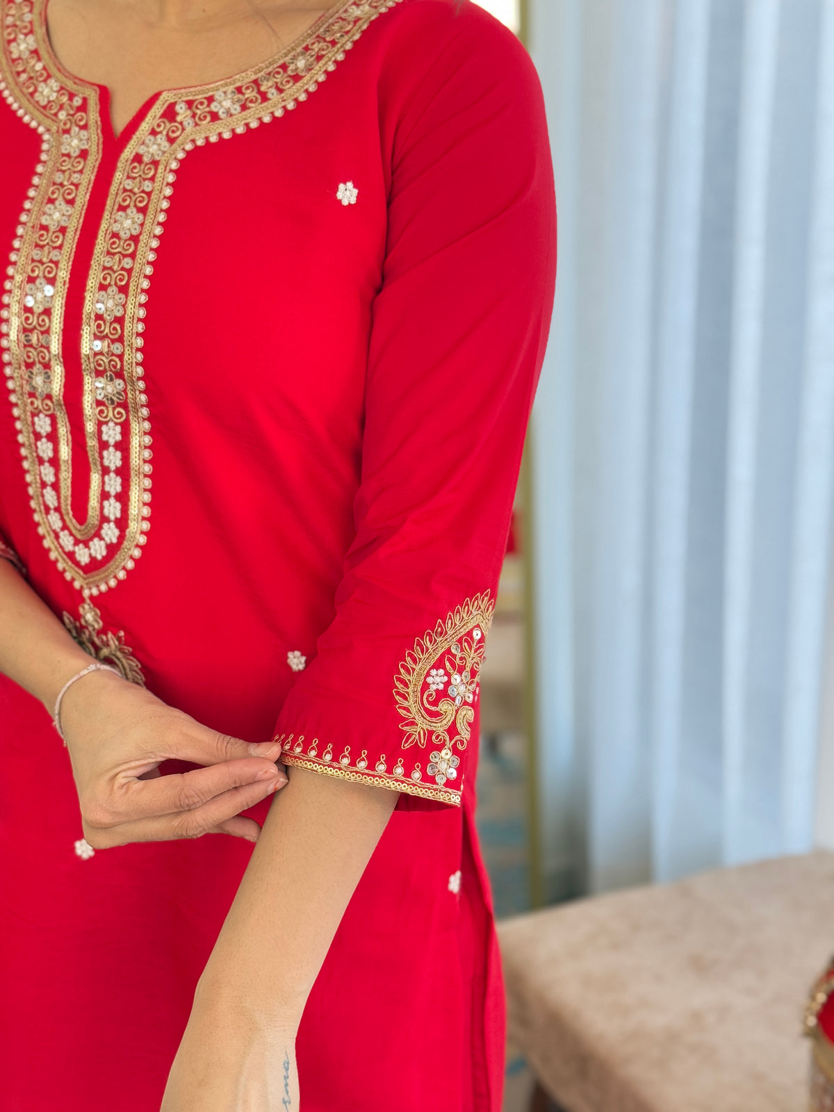 Red Viscose Chanderi Embroidered Kurta Pant Dupatta Set