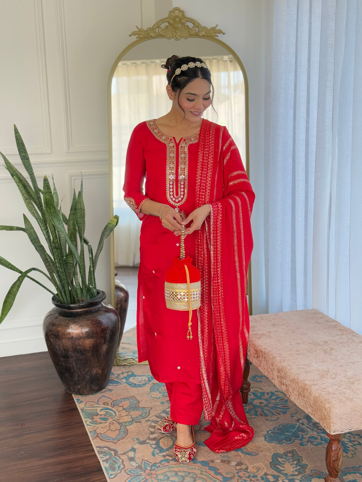 Red Viscose Chanderi Embroidered Kurta Pant Dupatta Set