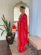 Red Viscose Chanderi Embroidered Kurta Pant Dupatta Set