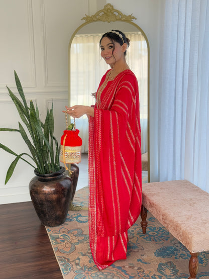Red Viscose Chanderi Embroidered Kurta Pant Dupatta Set