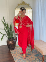 Red Viscose Chanderi Embroidered Kurta Pant Dupatta Set