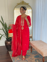 Red Viscose Chanderi Embroidered Kurta Pant Dupatta Set