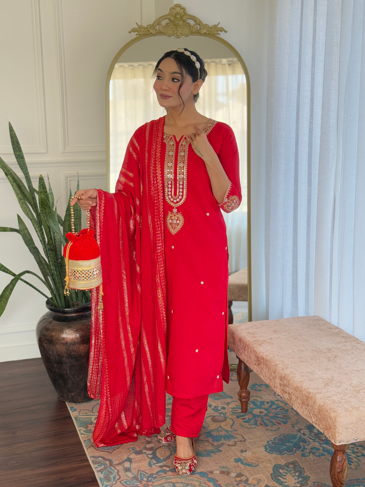 Red Viscose Chanderi Embroidered Kurta Pant Dupatta Set
