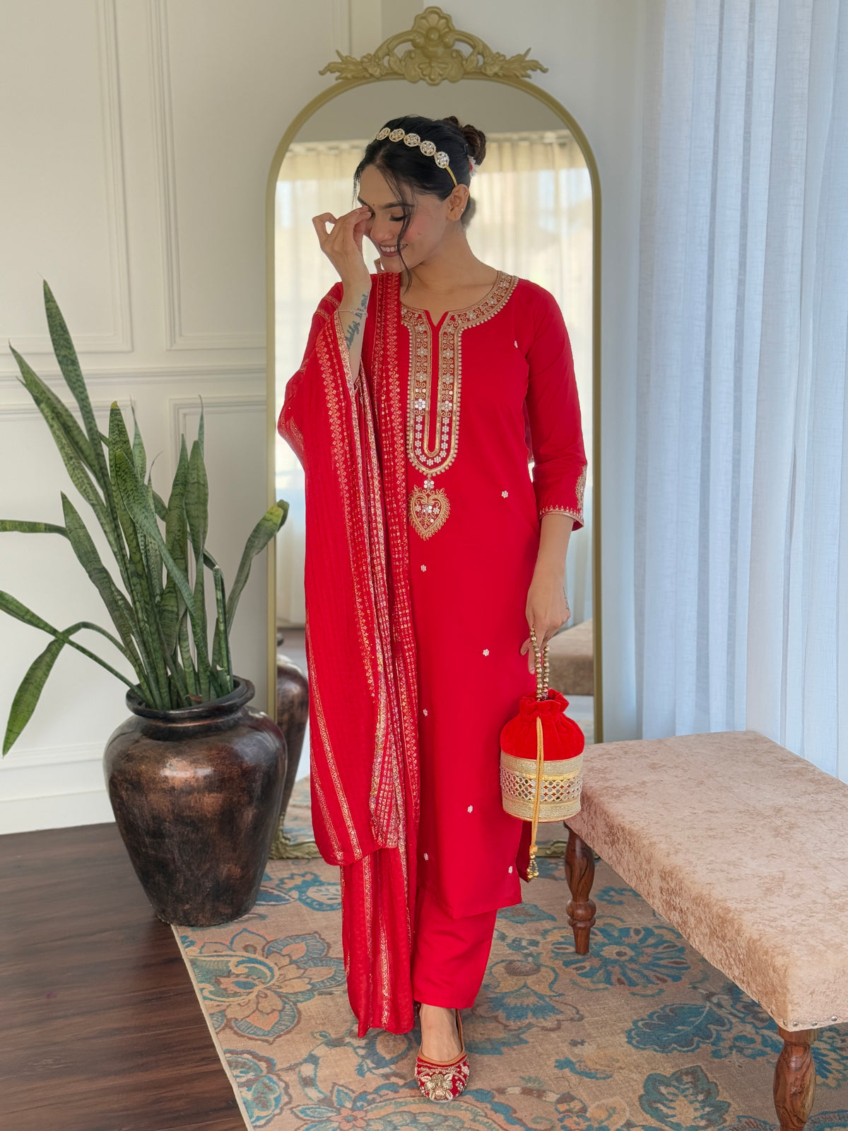 Red Viscose Chanderi Embroidered Kurta Pant Dupatta Set