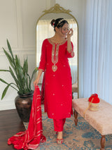 Red Viscose Chanderi Embroidered Kurta Pant Dupatta Set