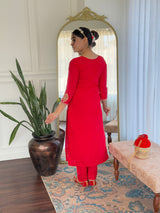 Red Viscose Chanderi Embroidered Kurta Pant Dupatta Set