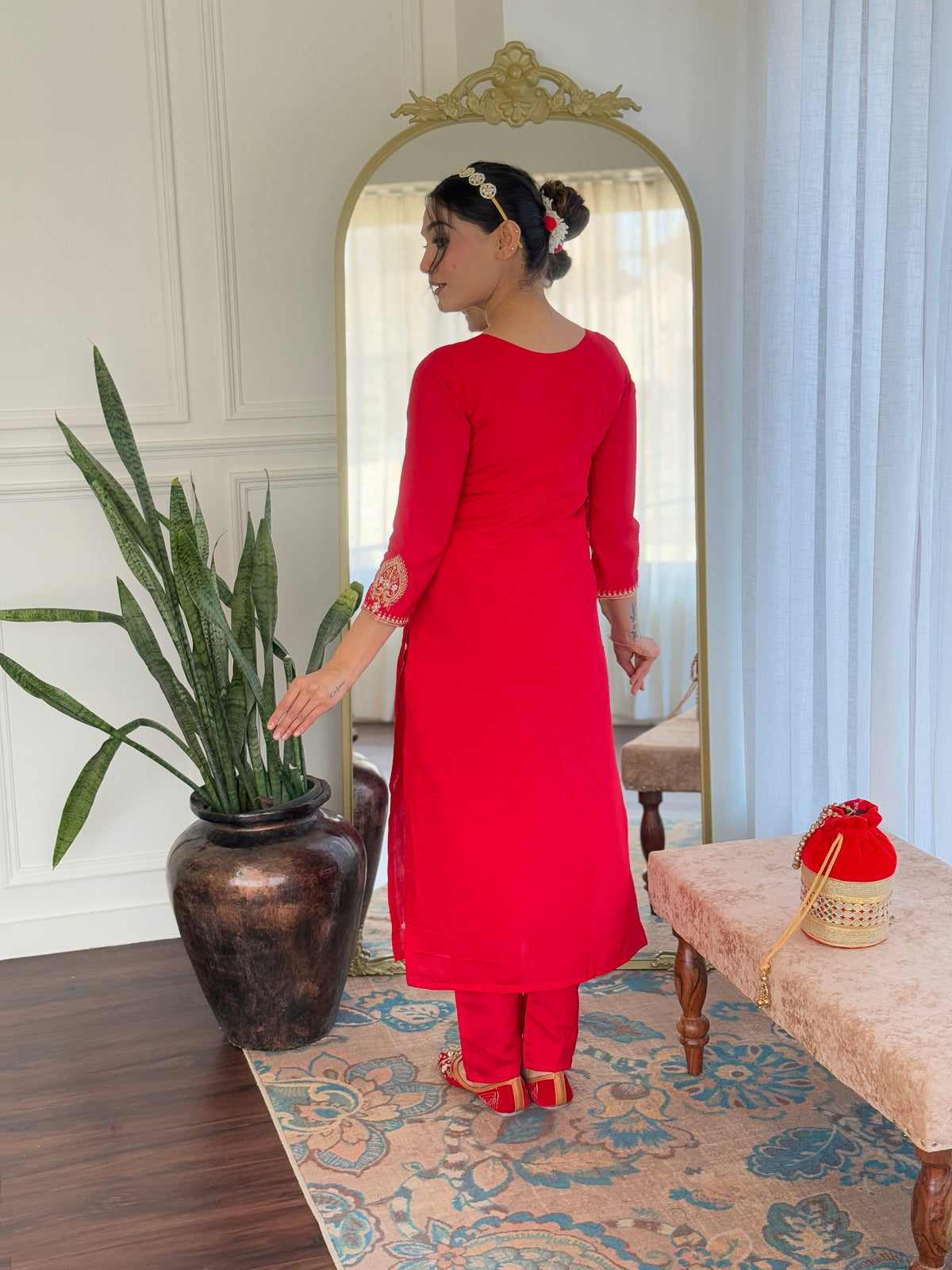 Red Viscose Chanderi Embroidered Kurta Pant Dupatta Set