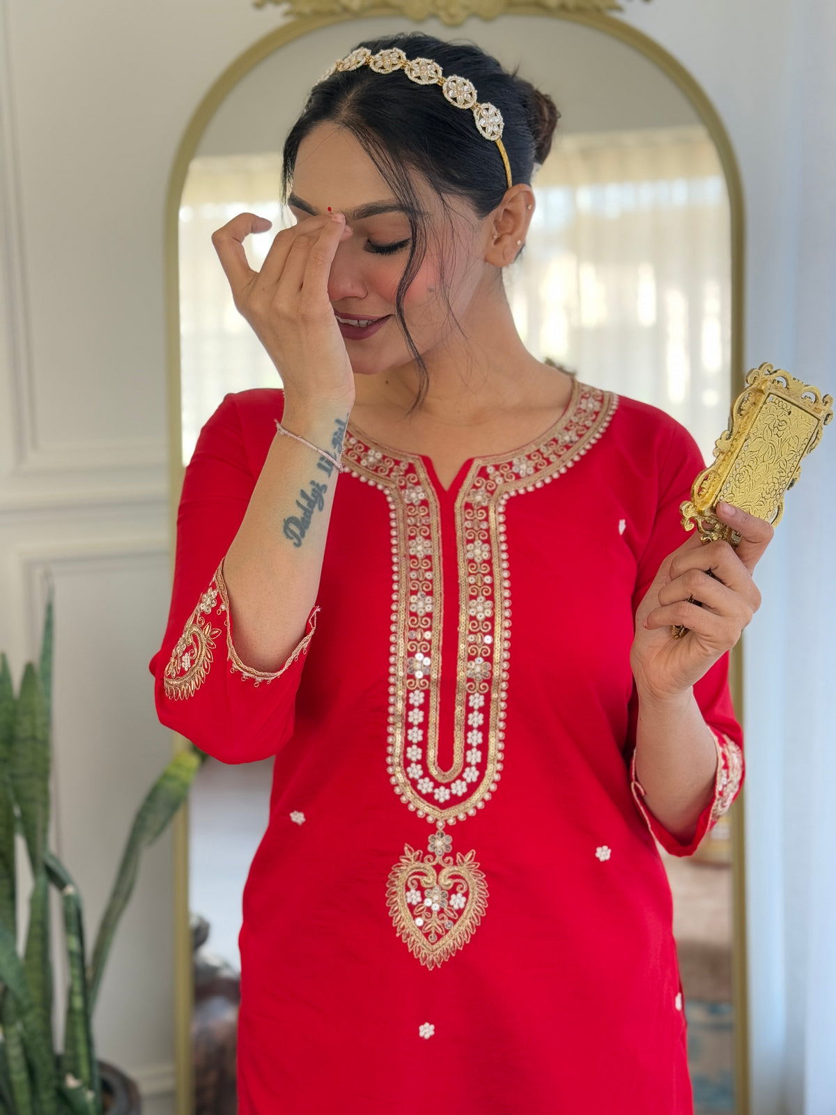 Red Viscose Chanderi Embroidered Kurta Pant Dupatta Set