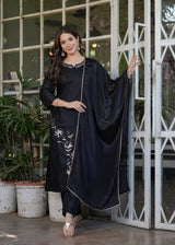 Black Embroidered Viscose Rayon Suit Set