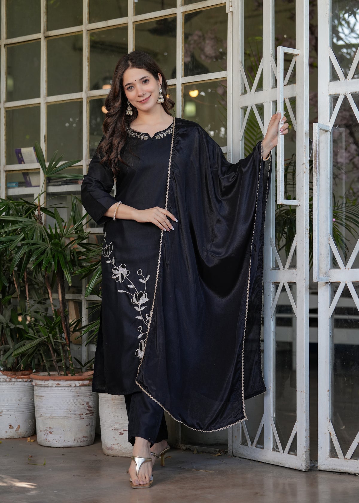 Black Embroidered Viscose Rayon Suit Set