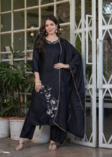 Black Embroidered Viscose Rayon Suit Set