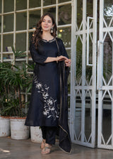 Black Embroidered Viscose Rayon Suit Set