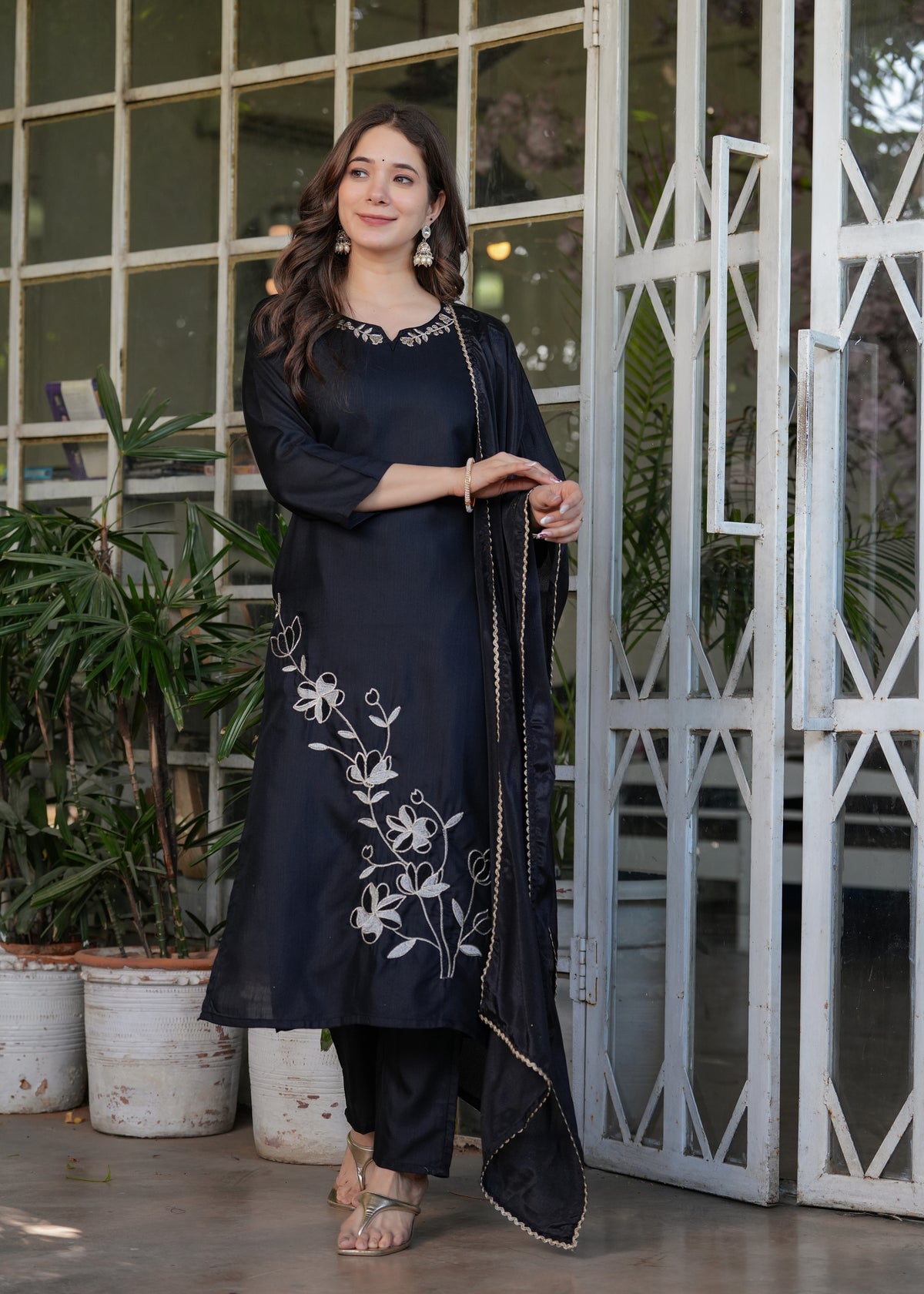Black Embroidered Viscose Rayon Suit Set