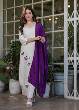 Off White Embroidered Viscose Rayon Suit Set