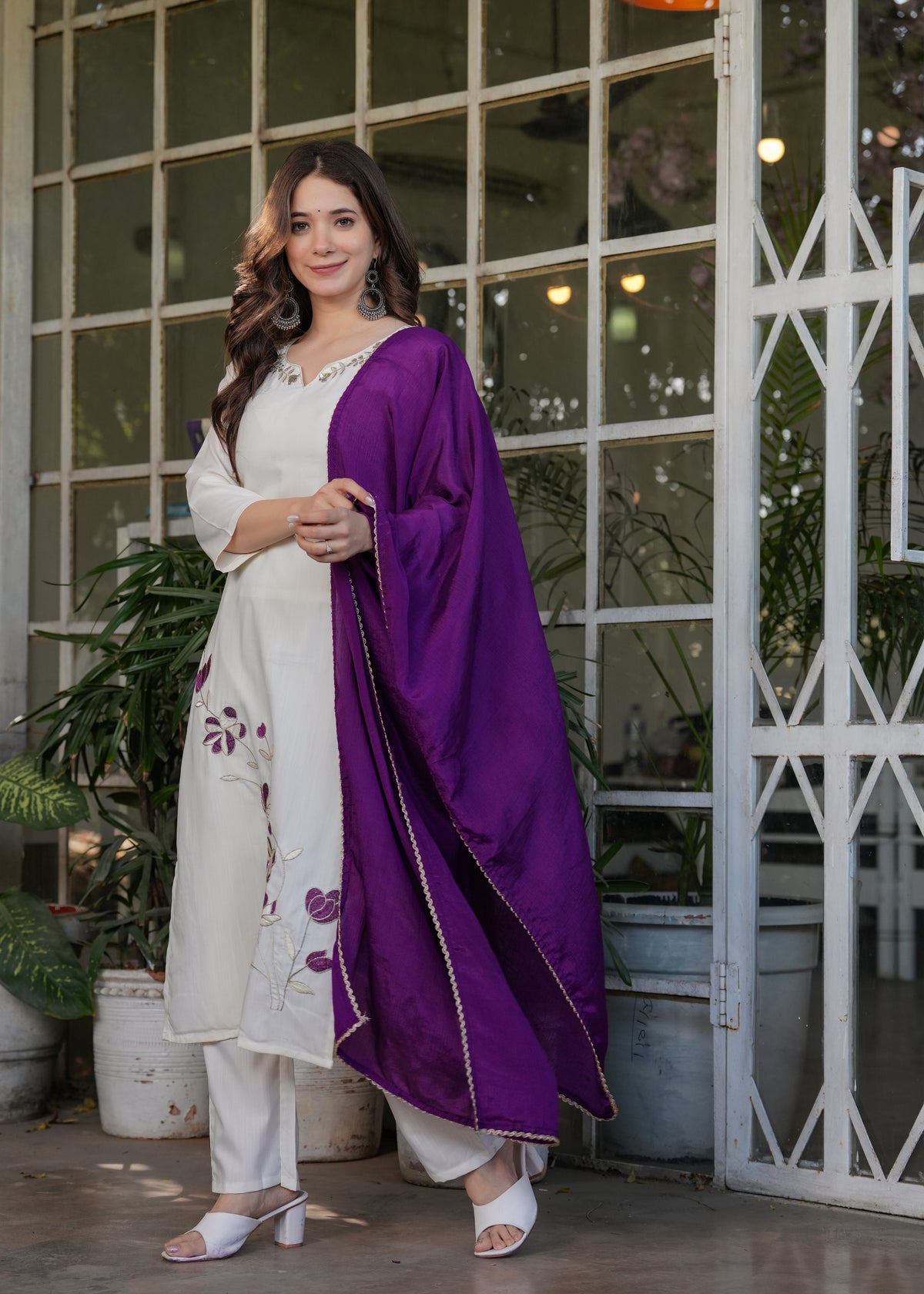 Off White Embroidered Viscose Rayon Suit Set
