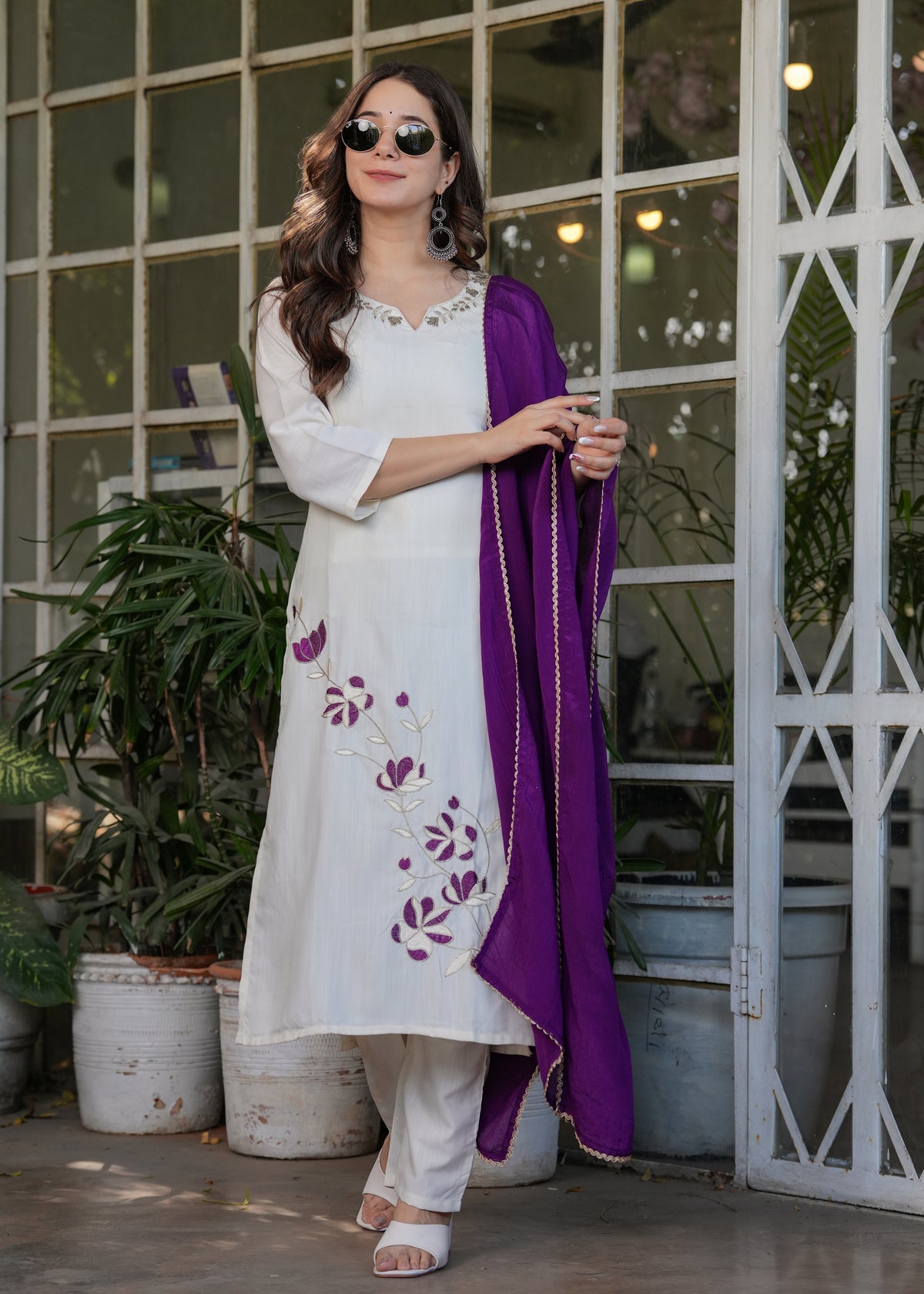 Off White Embroidered Viscose Rayon Suit Set