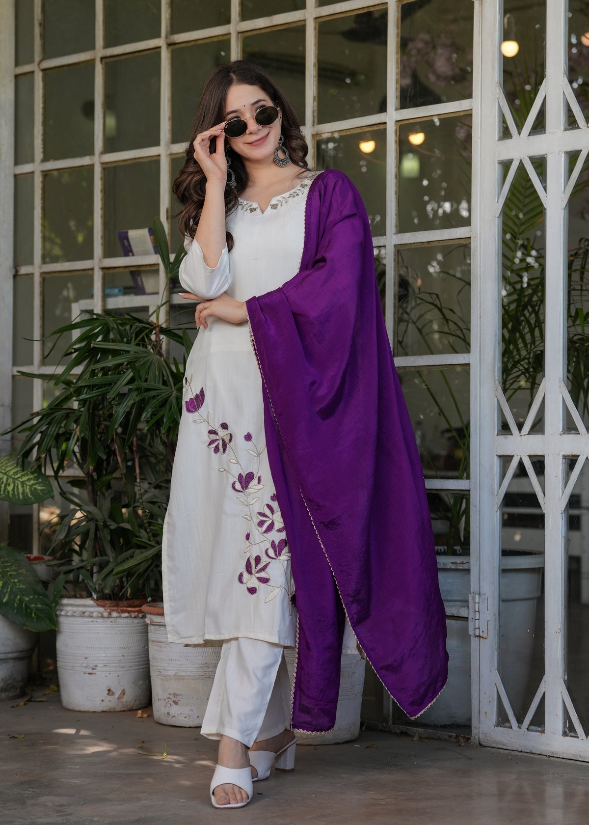 Off White Embroidered Viscose Rayon Suit Set