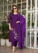 Wine Embroidered Viscose Rayon Suit Set