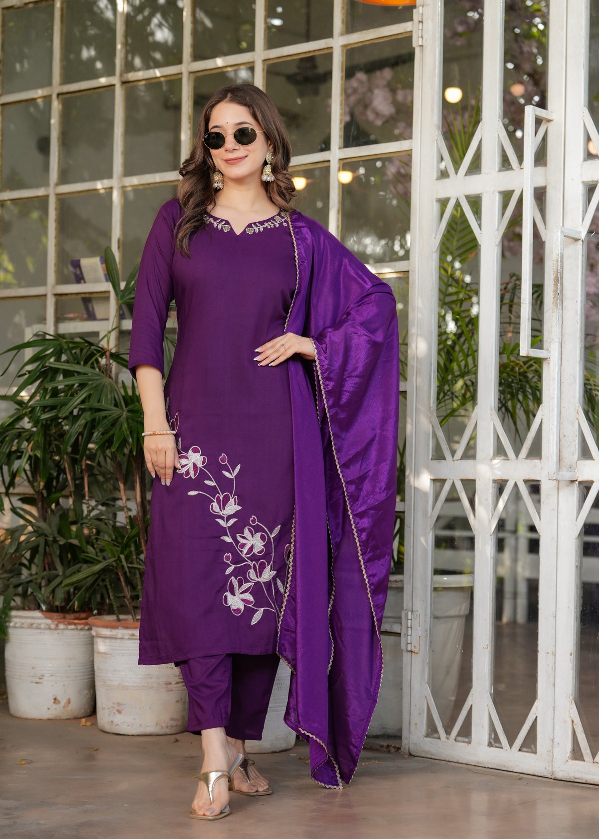Wine Embroidered Viscose Rayon Suit Set