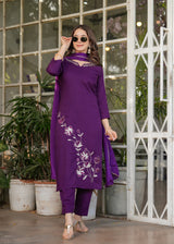Wine Embroidered Viscose Rayon Suit Set