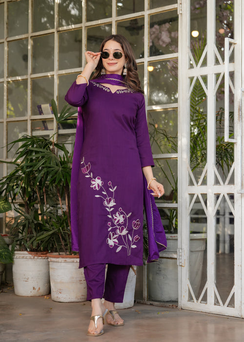 Wine Embroidered Viscose Rayon Suit Set