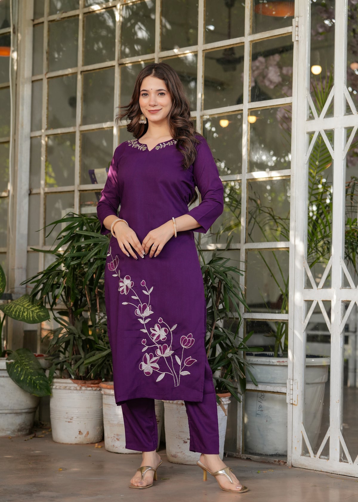 Wine Embroidered Viscose Rayon Suit Set