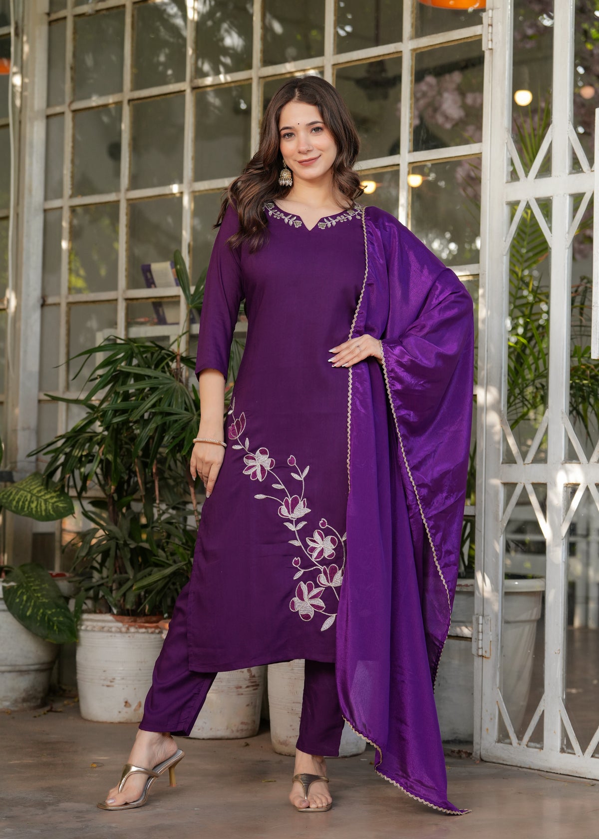 Wine Embroidered Viscose Rayon Suit Set