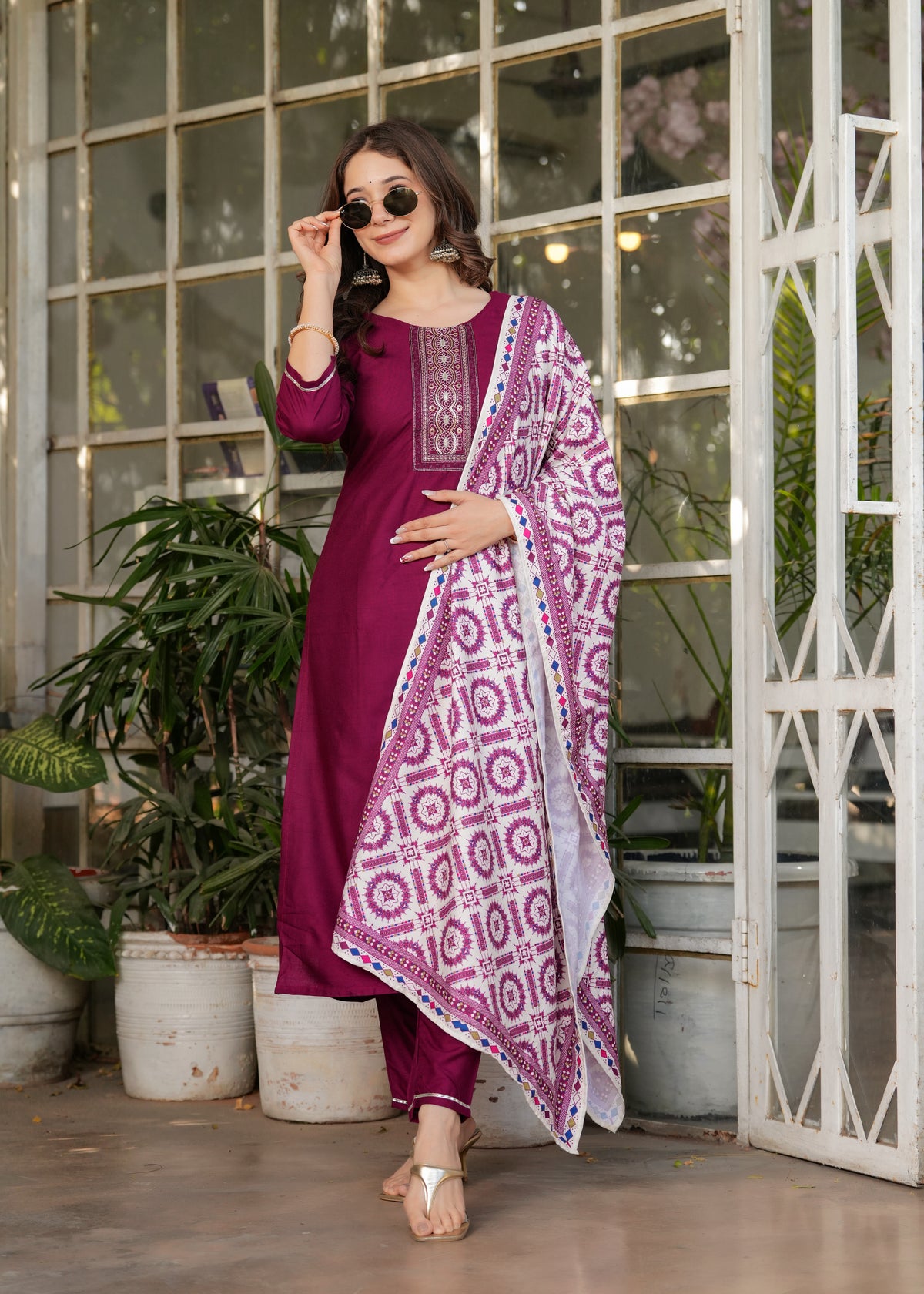 Maroon Embroidered Rayon Suit Set