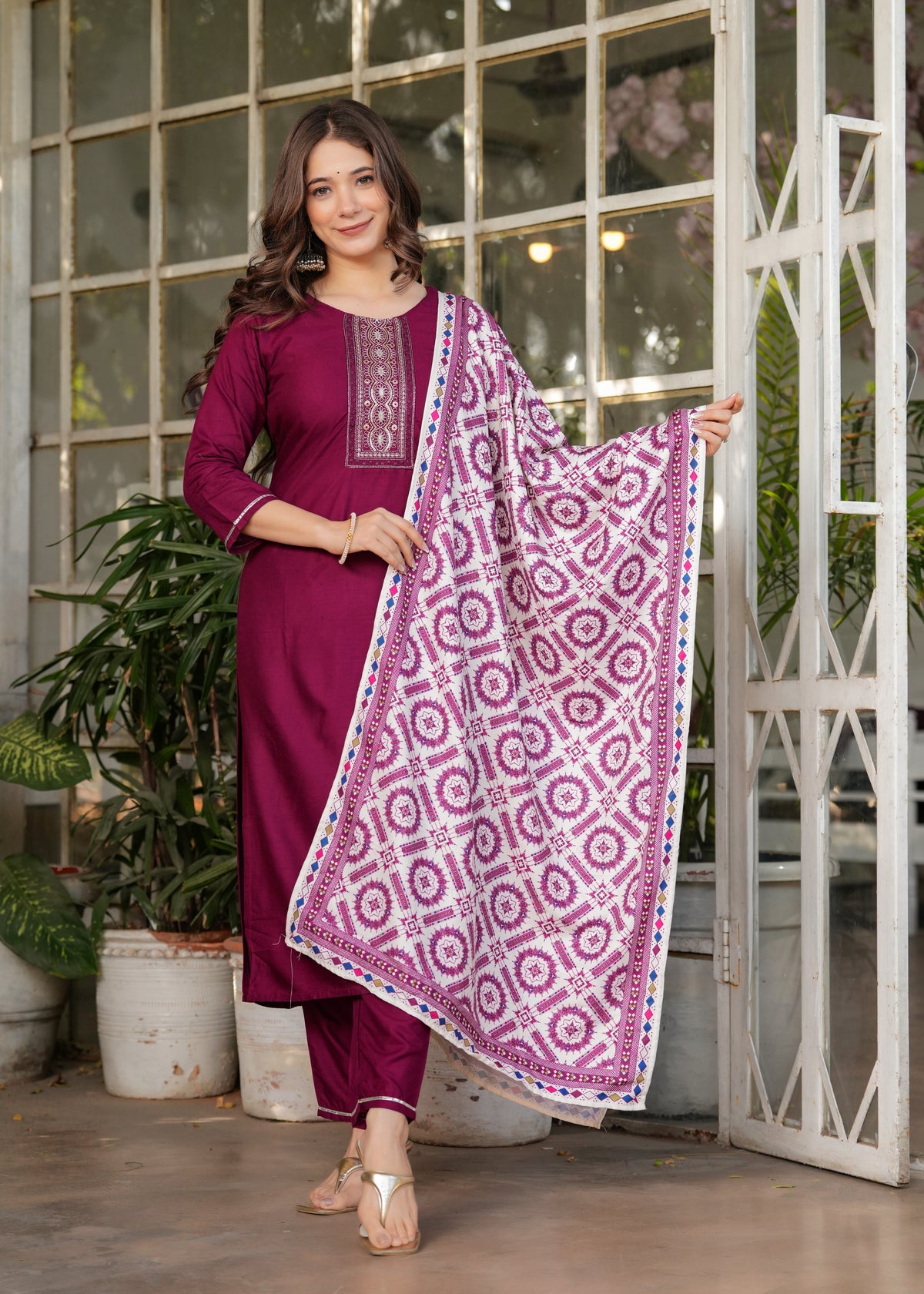 Maroon Embroidered Rayon Suit Set