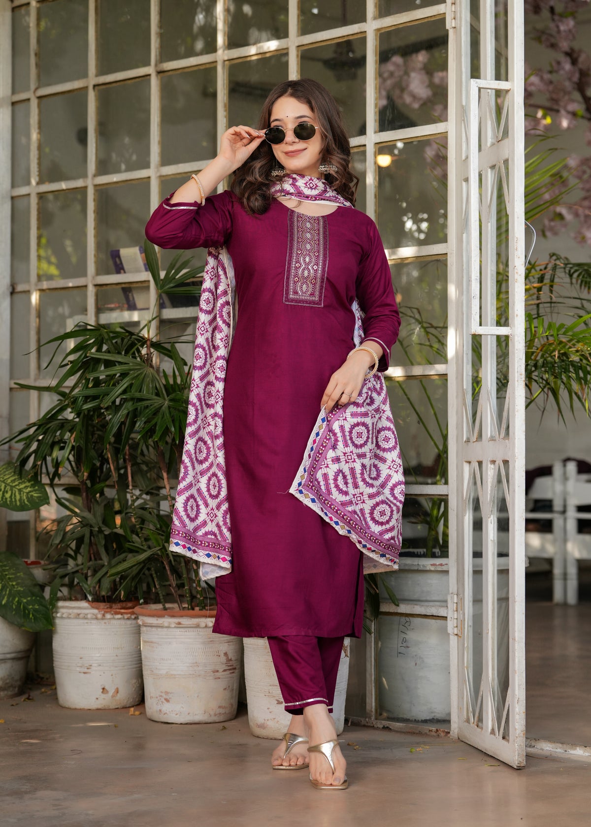Maroon Embroidered Rayon Suit Set