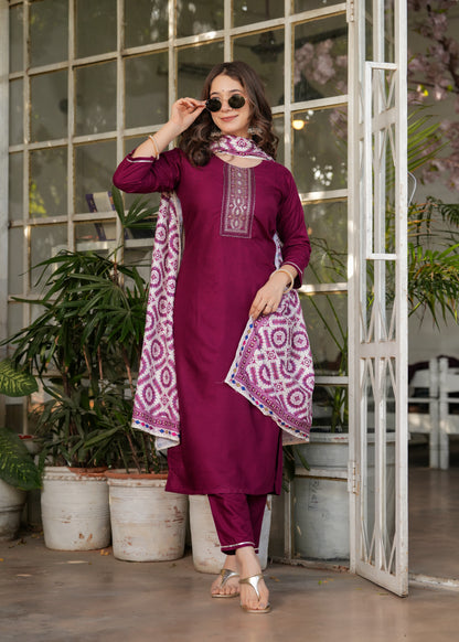 Maroon Embroidered Rayon Suit Set