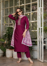 Maroon Embroidered Rayon Suit Set