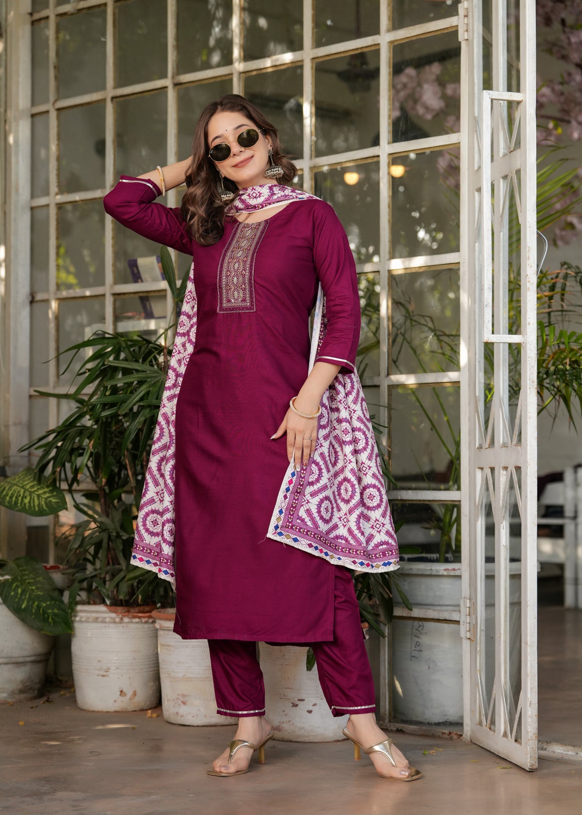 Maroon Embroidered Rayon Suit Set
