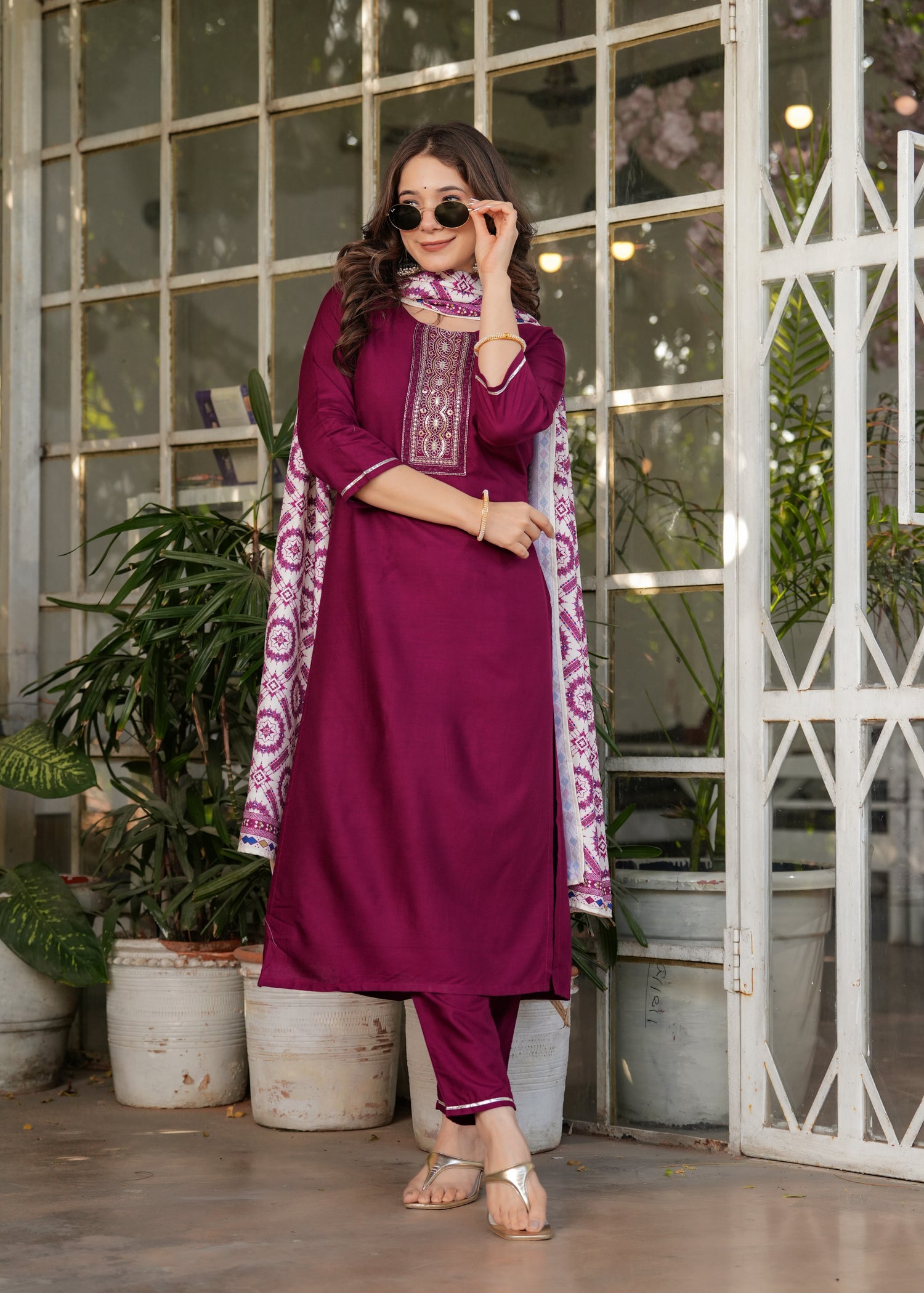 Maroon Embroidered Rayon Suit Set