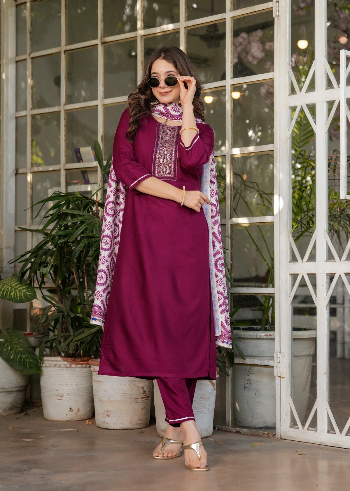 Maroon Embroidered Rayon Suit Set