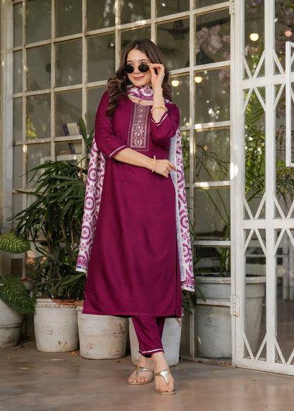 Maroon Embroidered Rayon Suit Set