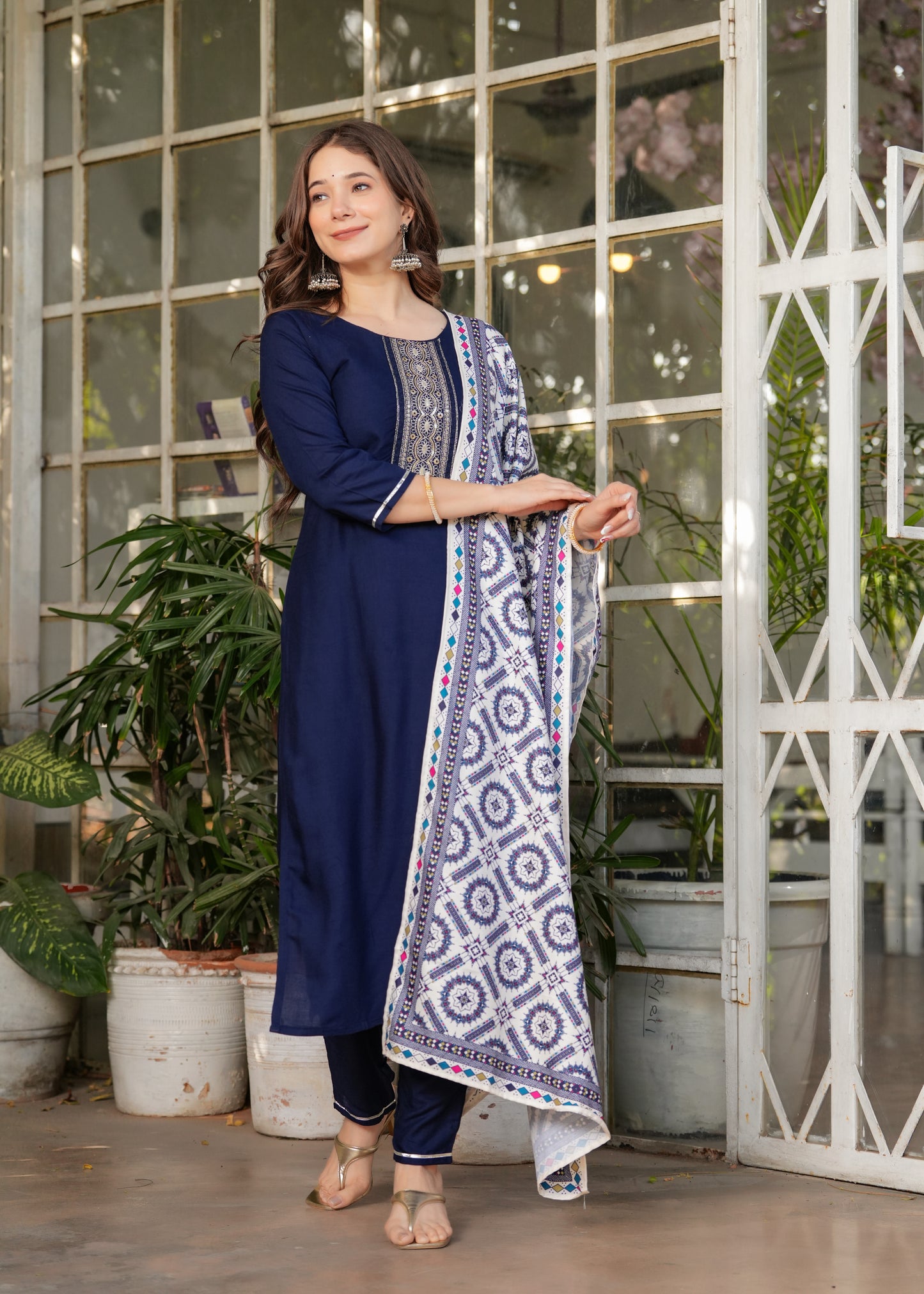 Navy Blue Embroidered Rayon Suit Set