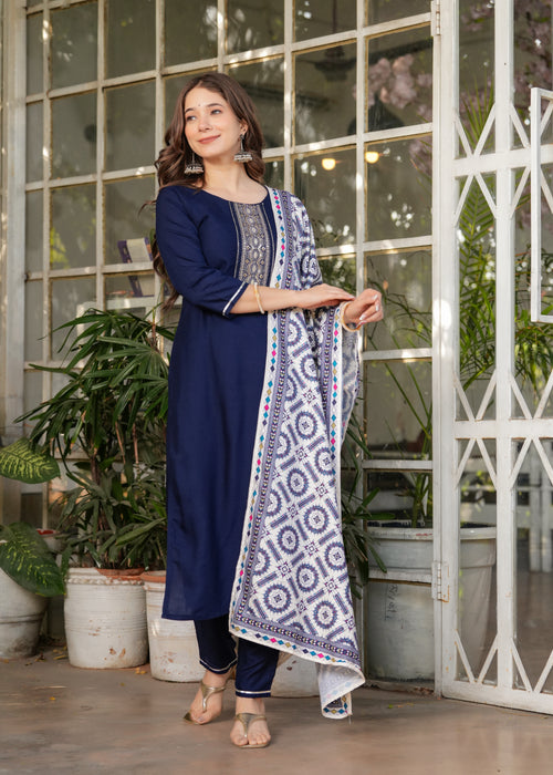 Navy Blue Embroidered Rayon Suit Set