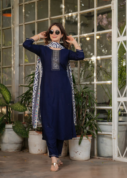 Navy Blue Embroidered Rayon Suit Set