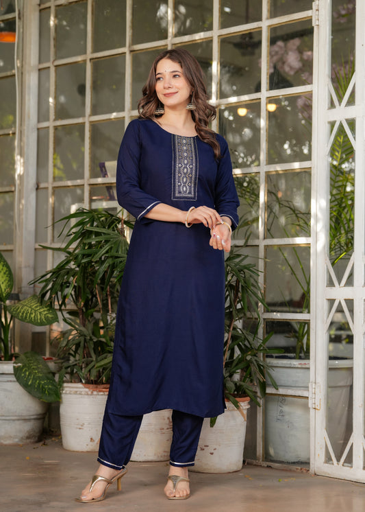 Navy Blue Embroidered Rayon Suit Set