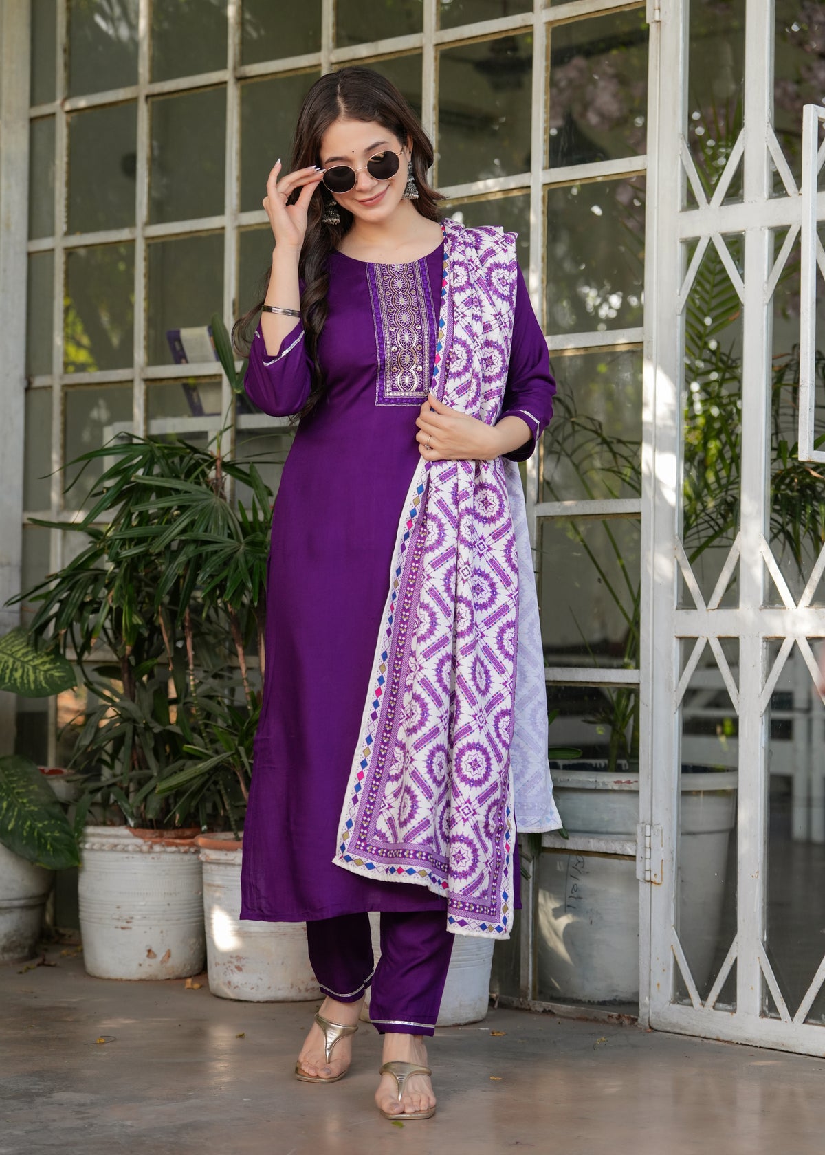 Wine Embroidered Rayon Suit Set