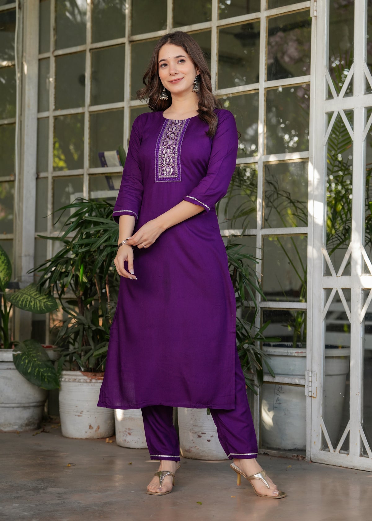 Wine Embroidered Rayon Suit Set