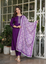 Wine Embroidered Rayon Suit Set