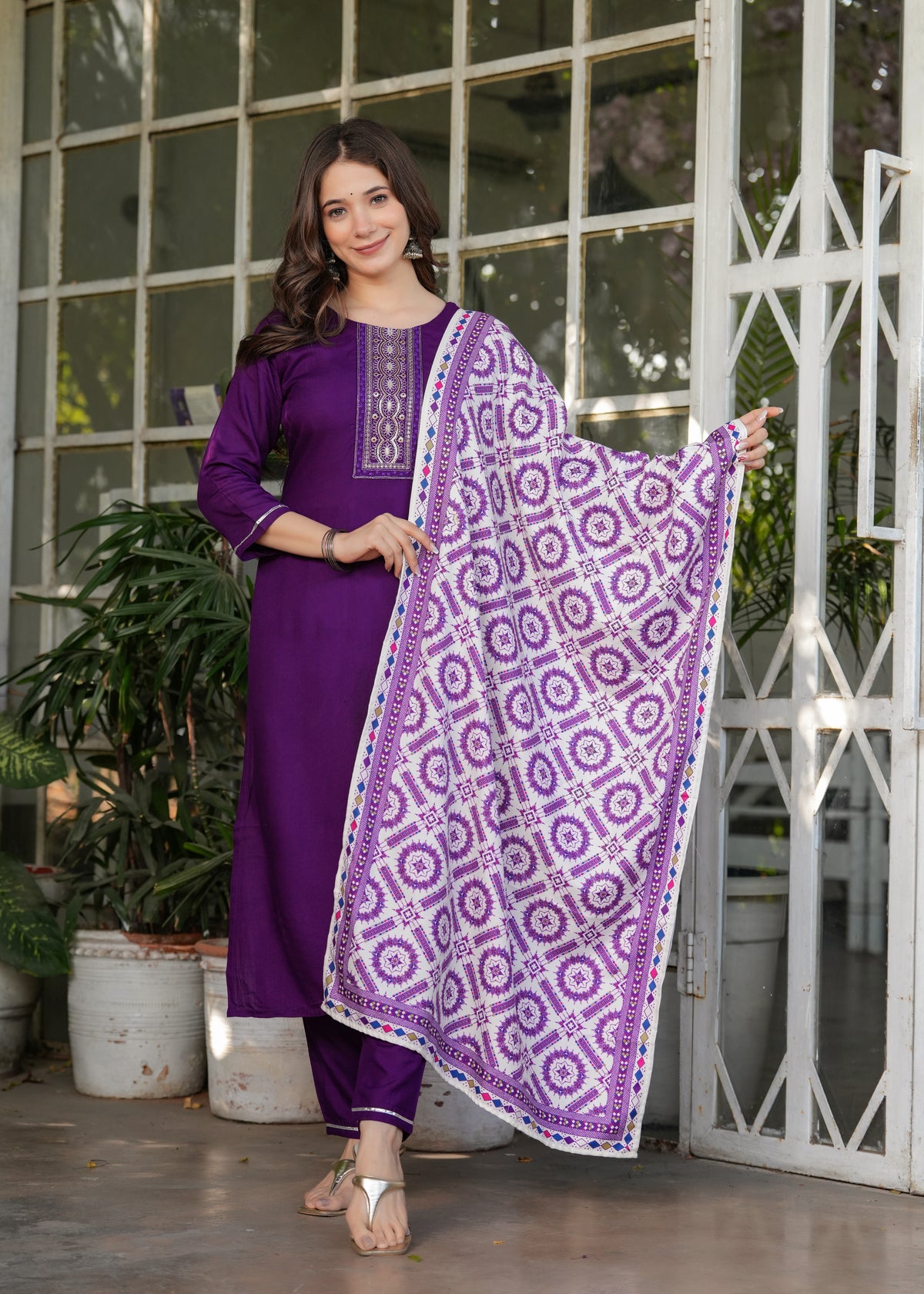 Wine Embroidered Rayon Suit Set